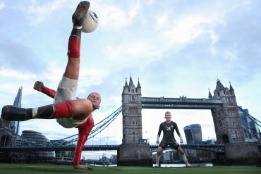 Wayne Rooney’s bicycle kick against Manchester City is brought to life on the Thames, with Tower Bridge as the goal, at Amazon Prime’s launch. Photograph: PinPep/Rex
