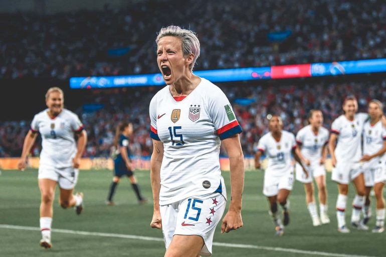 Megan Rapinoe celebrates after scoring for the US Women's National Team at the 2019 FIFA Women's World Cup in France (US Soccer)