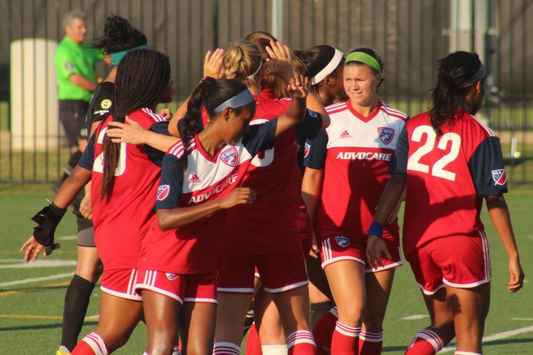 Toyota Soccer Center, Frisco TX (June 22, 2018): FC Dallas players congratulate Julie James on scoring the opening goal of a 5-1 win over Fortuna Tulsa.(Dan Crooke / 3rd Degree)