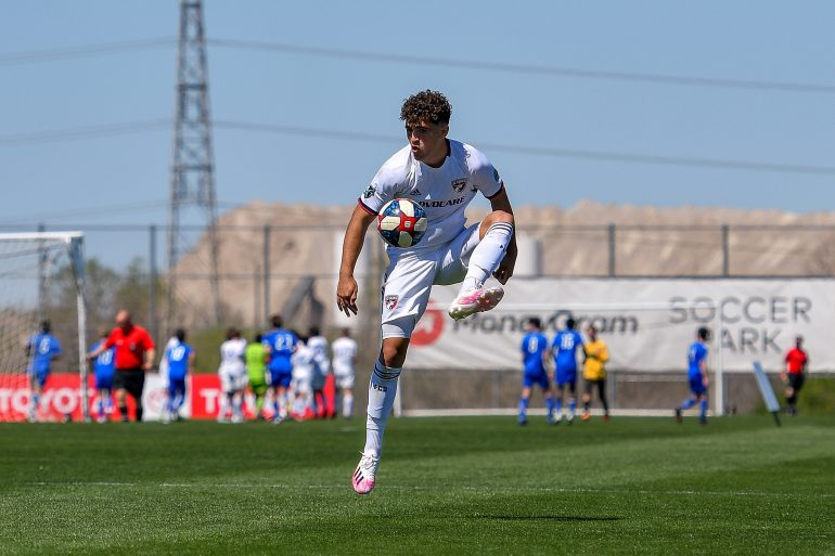Josh Ramsey brings the ball down in the Dallas Cup match against Black Rock FC.