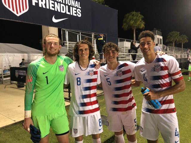 Seth Wilson, Bailey Sparks, Joshua Ramsey, and Jonathan Tomkinson with the US U17s at the 2019 Nike Friendlies.