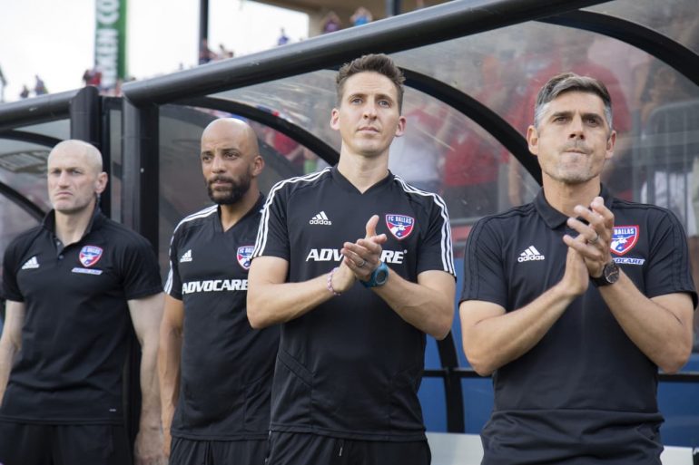 Coach Luchi Gonzalez (far right) and his staff. From right to left, Coach Gonzalez, Assistant Coach Mikey Varas, Assistnat Coach Peter Luzzic, and Goalkeeper Coach Drew Keeshan. (Courtesy FC Dallas)