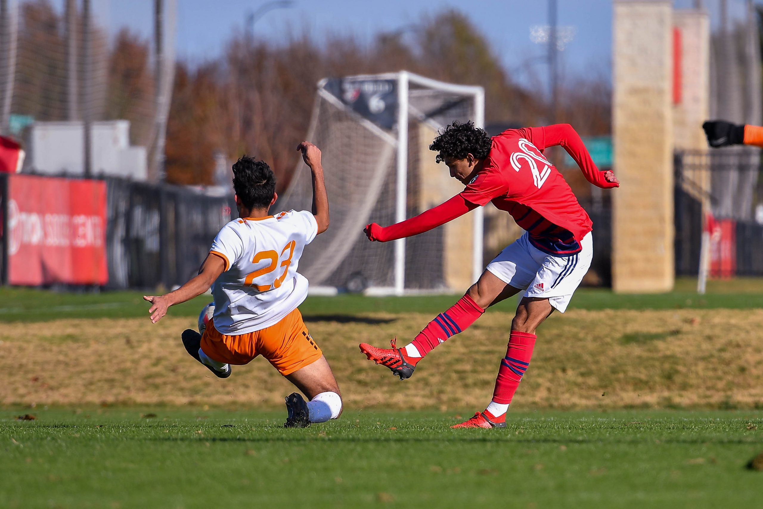 FC Dallas U19 forward (20) shoots in the MLS Next matchup against RGV FC.