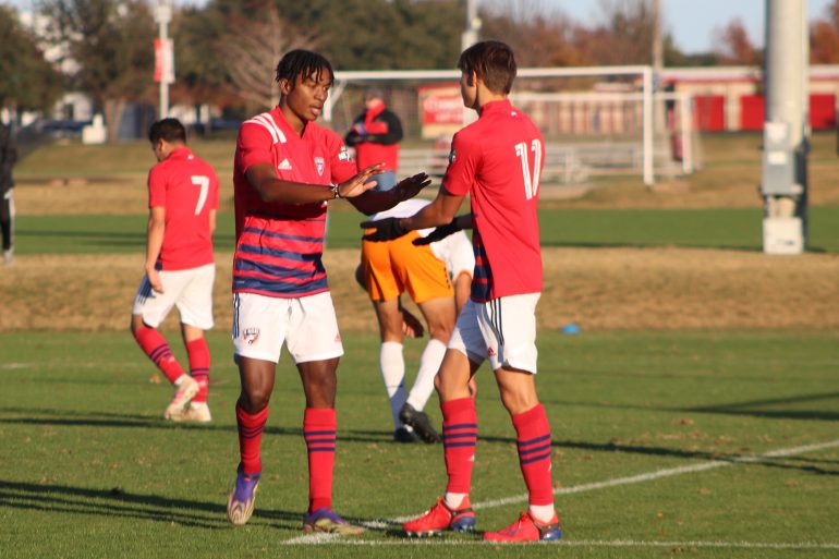 Tarik Scott and Nighte Pickering celebrate Pickering's goal against Rio Grande Valley, December 11, 2021. (Christian Oseguera, 3rd Degree)