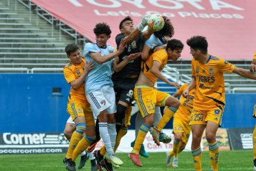 Tigres UANL goalkeeper Zahir Garcia Rodriguez (232) punches the ball in the Dallas Cup match against FC Dallas U19 on April 10, 2022, at the Cotton Bowl in Dallas. (Daniel McCullough, 3rd Degree)