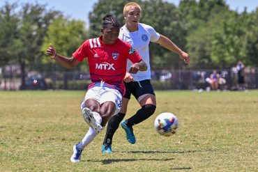 FC Dallas U19 midfielder Tarik Scott scores in the MLS NEXT Cup quarterfinals match against Wake FC on June 29, 2022, at Toyota Soccer Center. (Daniel McCullough, 3rd Degree)