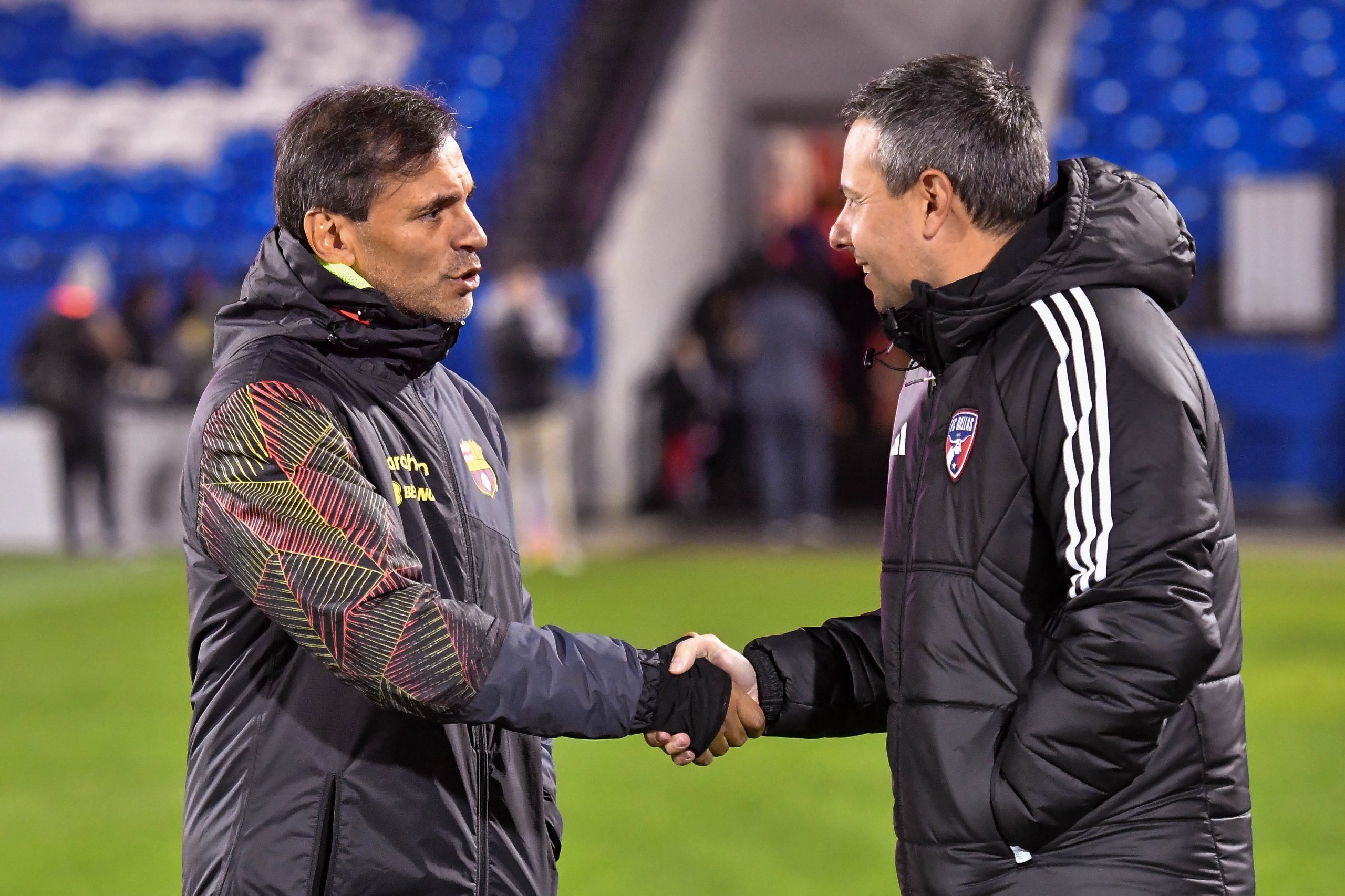 FC Dallas CoCh Nico Estevez shakes hands with Barcelona SC manager Fabián Bustos prior to the two teams meeting at Toyota Stadium, January 26. 2023. (Daniel McCullough, 3rd Degree)