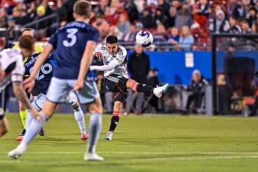 Alan Velasco shoots in the MLS match against Sporting KC on Saturday, March 18, 2023, at Toyota Stadium. (Daniel McCullough, 3rd Degree)