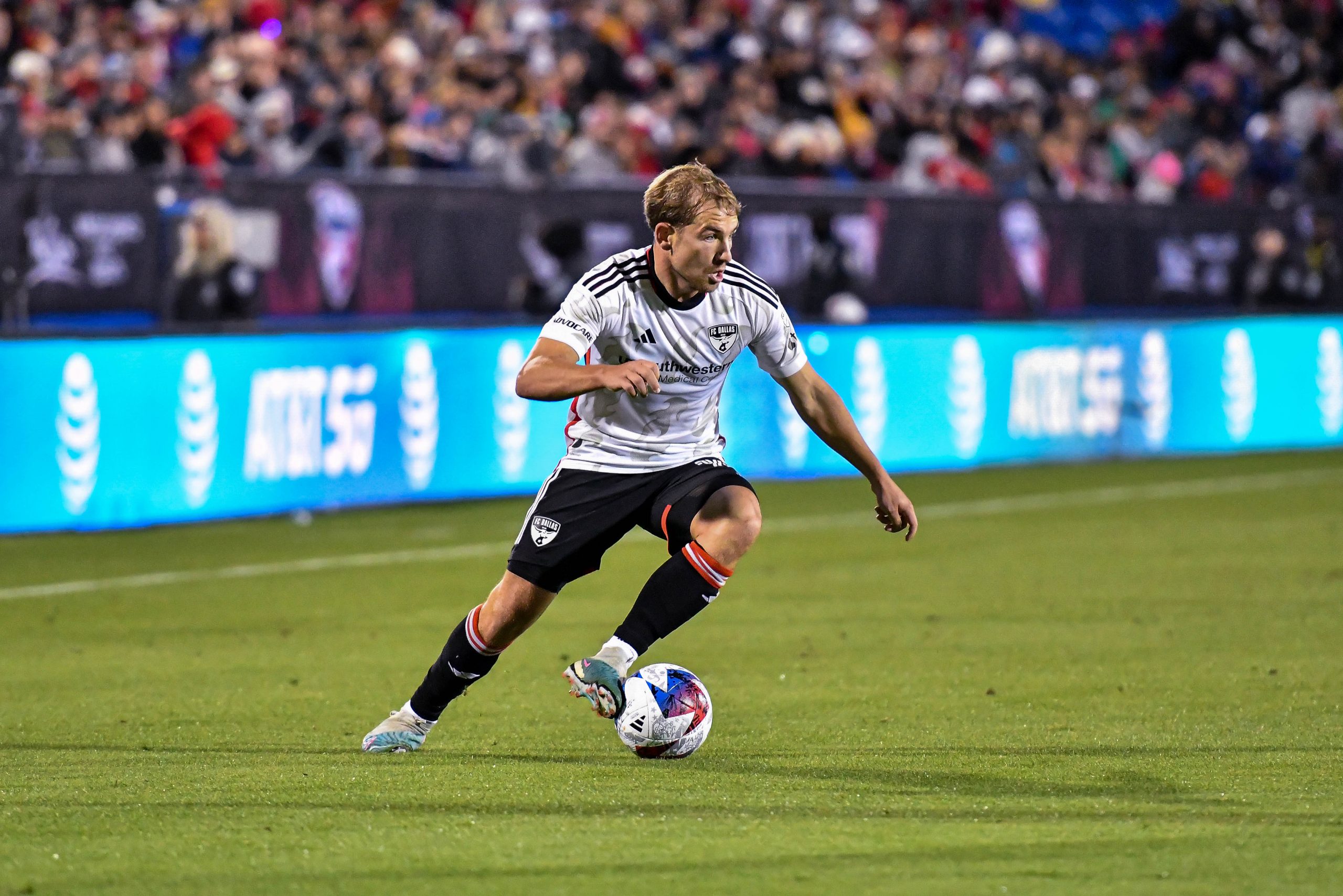 Paxton Pomykal cuts inside in the MLS match against Sporting KC on Saturday, March 18, 2023, at Toyota Stadium. (Daniel McCullough, 3rd Degree)