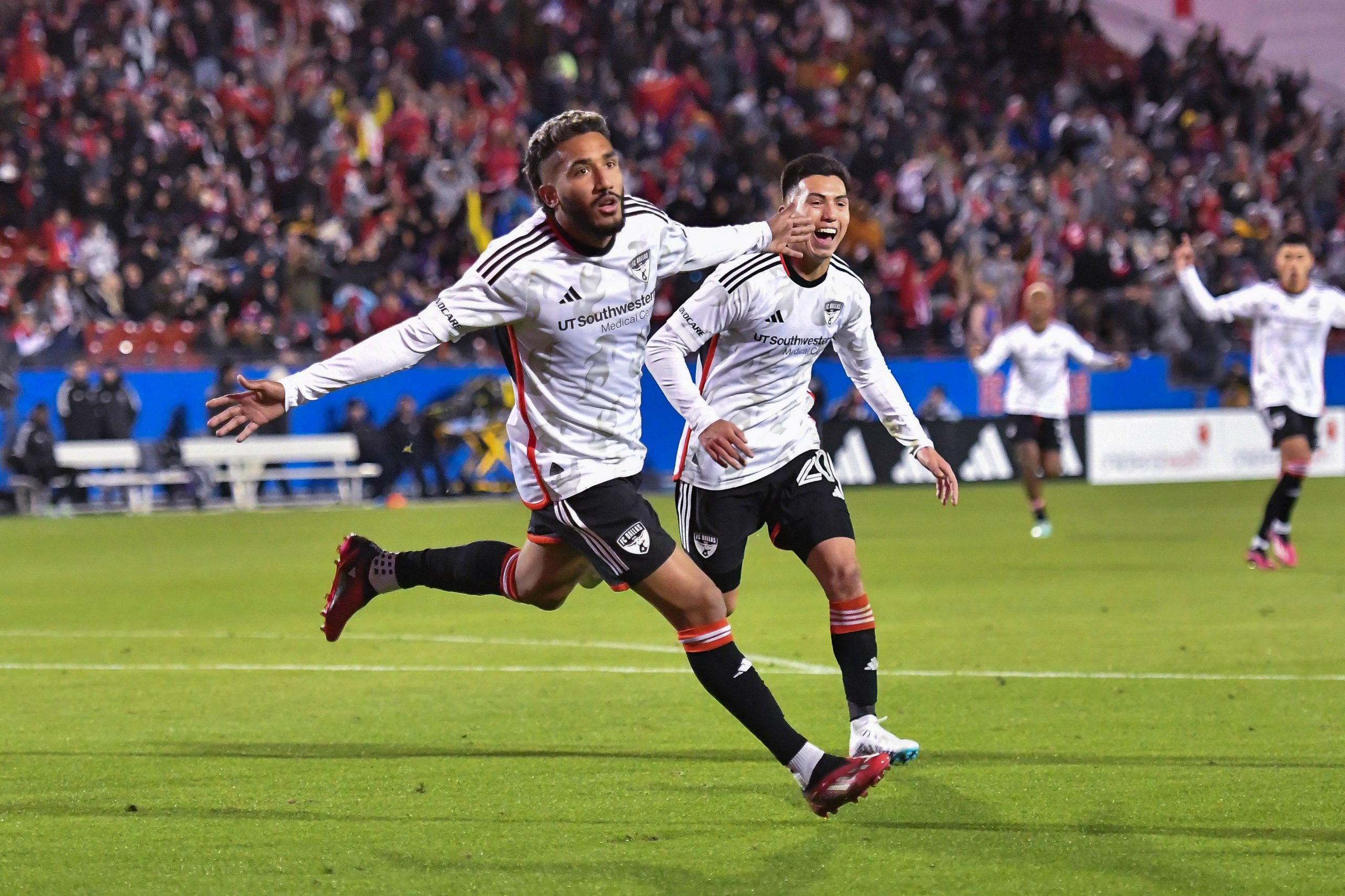 Jesus Ferreira celebrates his game-winning goal in the MLS match against Sporting KC on Saturday, March 18, 2023, at Toyota Stadium. (Daniel McCullough, 3rd Degree)