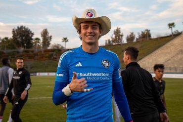 Eyestone wears the Man of the Match hat at LAFC 2, March 26, 2023. (Courtesy North Texas SC)