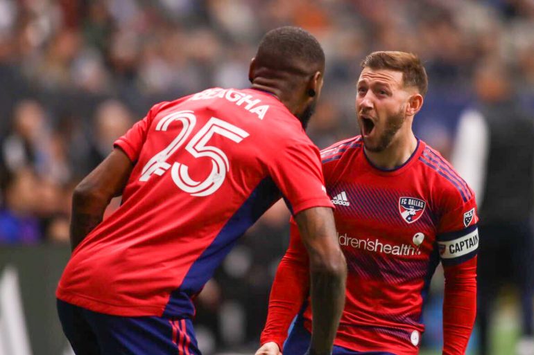Sebastien Ibeagha celebrates his goal with FCD Captain Paul Arriola. (Courtesy FC Dallas)