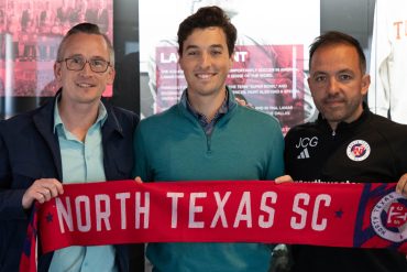 North Texas SC Signs Goalkeeper Michael Webber (center). Seen here with GM Matt Deny and Head Coach Javier Cano. (Courtesy North Texas SC)