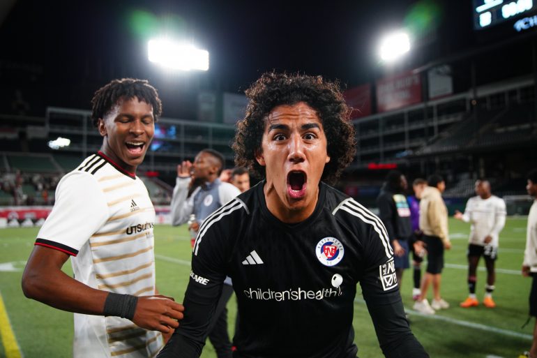 Antonio Carrera celebrates the North Texas SC victory over Minnesota United 2, April 16, 2023. (Courtesy North Texas SC)