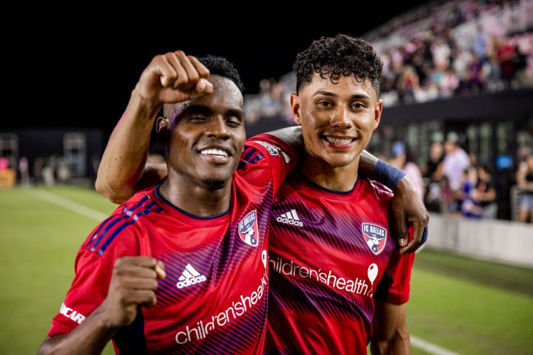 Jader Obrian and Edwin Cerrillo celebrate the FC Dallas win at Inter Miami, April 8, 2023. (Courtesy FC Dallas)