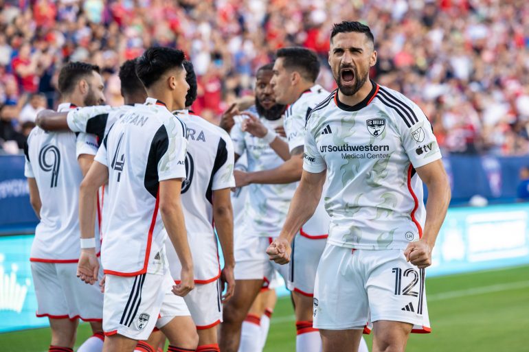 Sebastian Lletget is very excited about the FCD opening goal against Real Salt Lake, April 15, 2023. (Matt Visinsky, 3rd Degree)