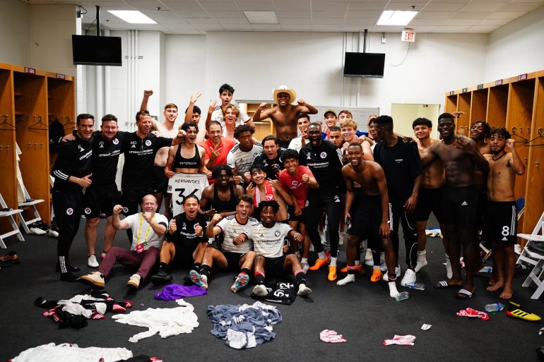 North Texas SC celebrates their win over St Louis City 2, May 7, 2023. (Courtesy North Texas SC)