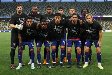 The FCD starting XI at Nashville SC in the US Open Cup wearing "Allen Strong" t-shirts, May 10, 2023. (Courtesy FC Dallas)