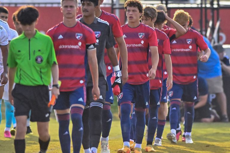 FC Dallas U19s walk out prior to the MLS Next Cup semifinals match against New England Revolution at Toyota Soccer Center on Friday, June 23, 2023. (Daniel McCullough, 3rd Degree)