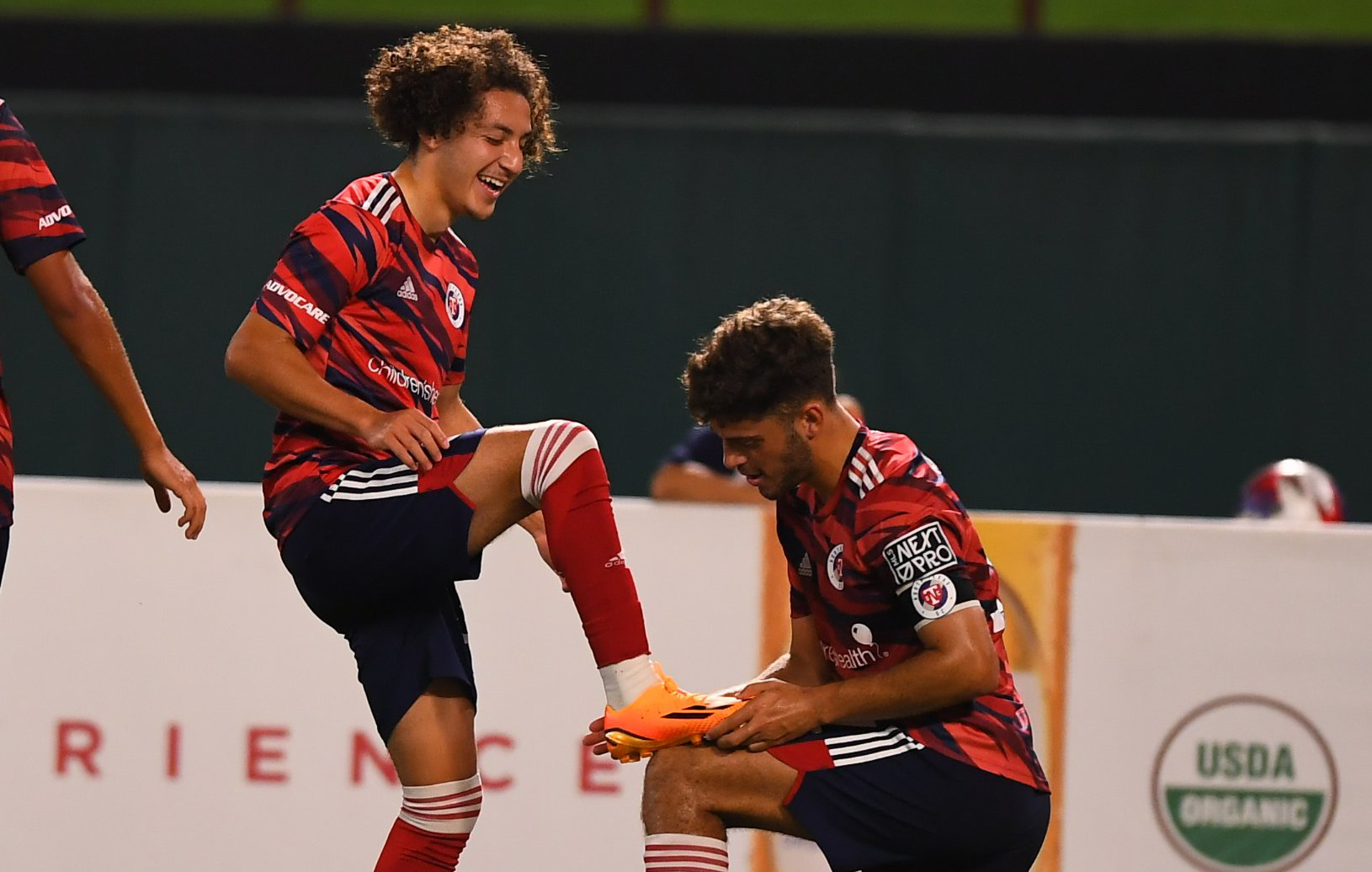 Anthony Ramirez has his boot cleaned by his captain Andre Costa after scoring two goals against LA Galaxy II, June 4,2023. (Courtesy North Texas SC)