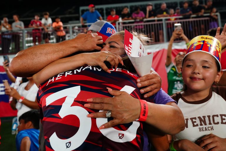 FCD U19 Diego Hernandez hugs his parents after his final game for North Texas SC before joining Furman. (Courtesy NTXSC)