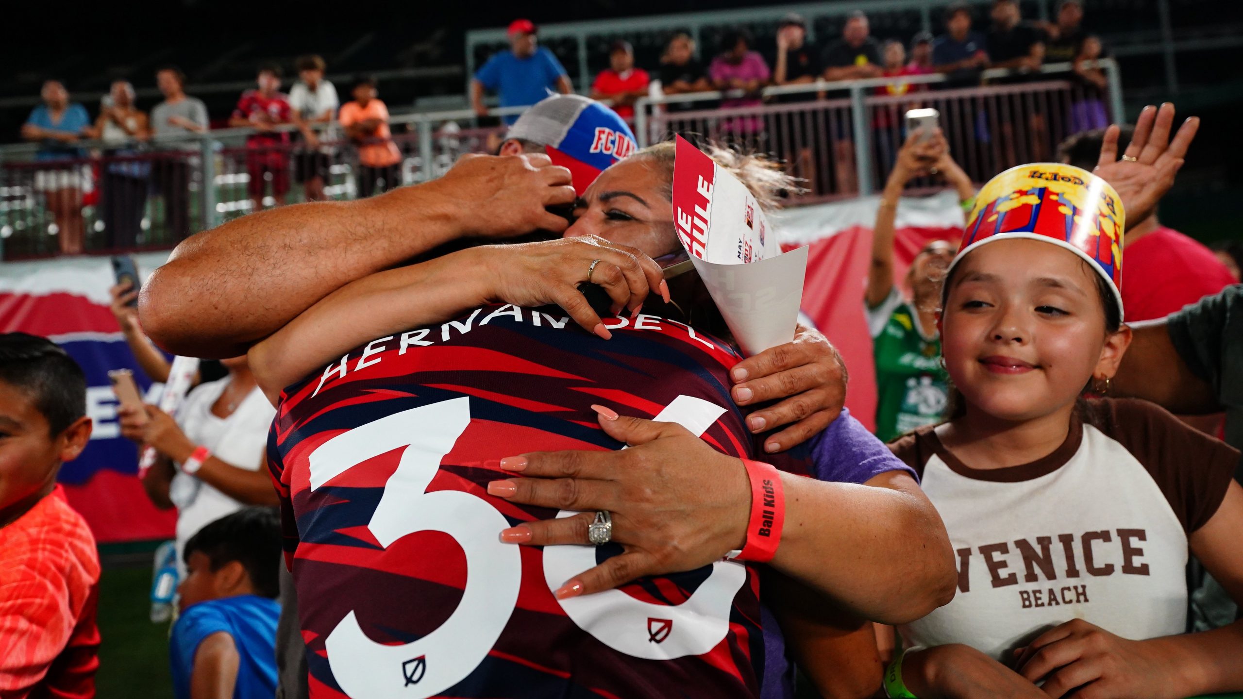 FCD U19 Diego Hernandez hugs his parents after his final game for North Texas SC before joining Furman. (Courtesy NTXSC)
