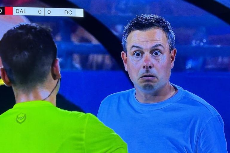 Coach Nico Estevez can't believe what he's hearing, July 4, 2023. (Courtesy MLS)