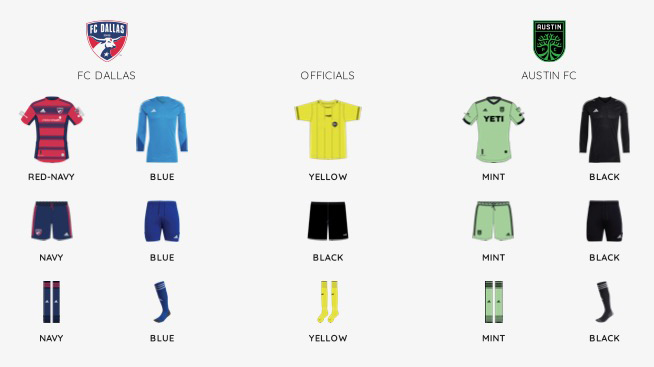 MLS kit assignments for Austin FC at FC Dallas, August 24, 2023. (Courtesy MLS)