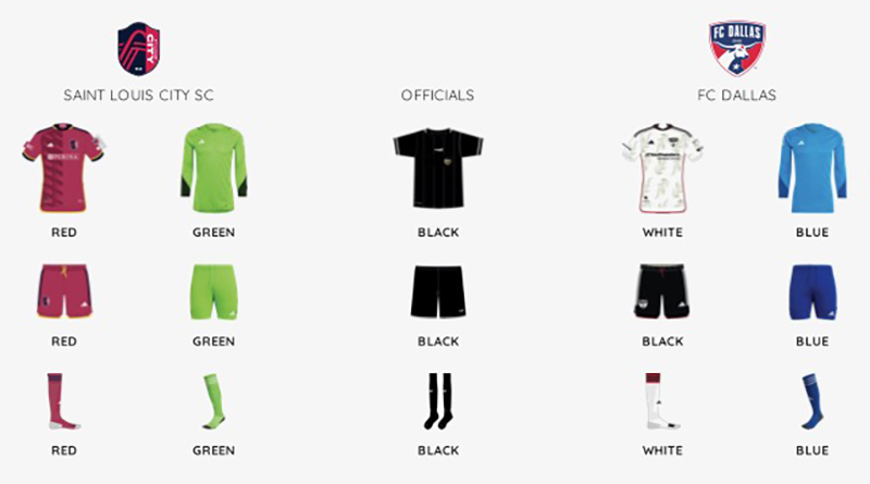 MLS kit assignments for FC Dallas at St. Louis City, August 30, 2023. (Courtesy MLS)