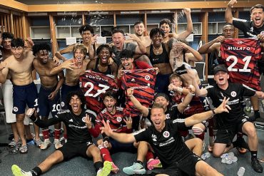 North Texas SC celebrates their win at Vancouver, August 25, 2023. (Courtesy NTXSC)