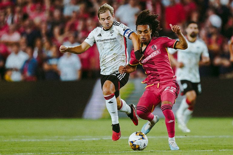 Paxton Pomykal defends against St Louis City, August 30, 2023. (Courtesy St Louis City)