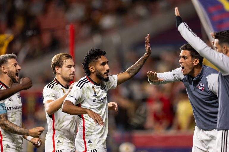 Jesus Ferreira celebrates with his teammates after scoring against Real Salt Lake, Sept 20, 2023. (Courtesy FC Dallas)