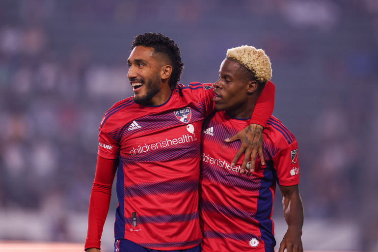 Jesus Ferreira and Bernard Kamungo celebrate against the LA Galaxy, Oct 21, 2023. (Courtesy FC Dallas)