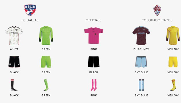 MLS kit assignments for Colorado Rapids at FC Dallas, October 4, 2023. (Courtesy MLS)