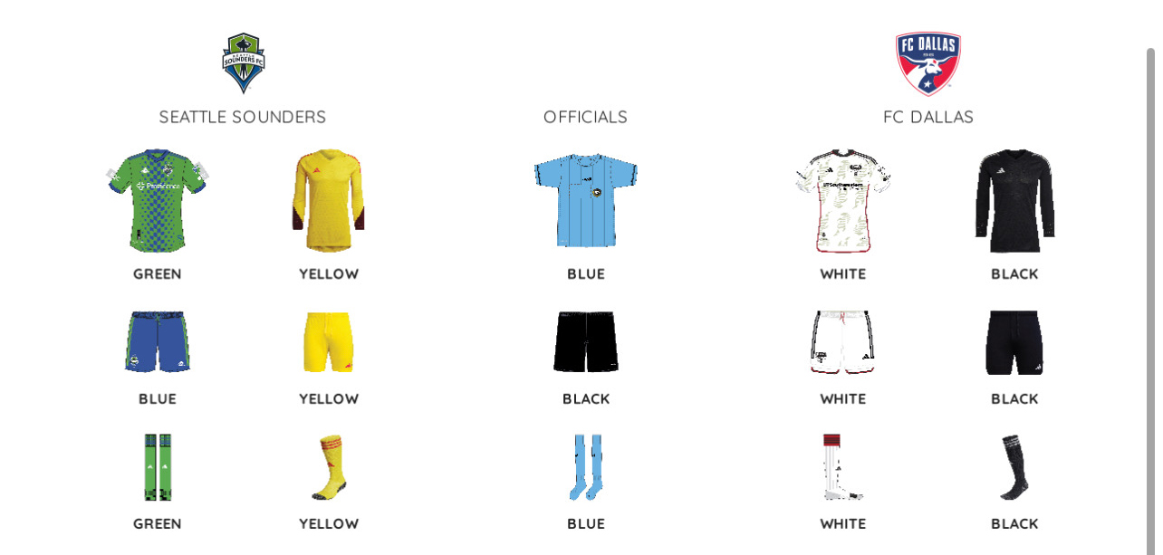 MLS kit assignments for FC Dallas at Seattle, MLS Cup 2023 Game 1. (Courtesy MLS)