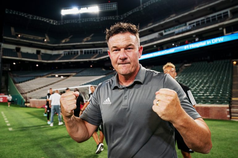 North Texas Interim Head Coach John Gall celebrates a win in 2023. (Courtesy North Texas SC)