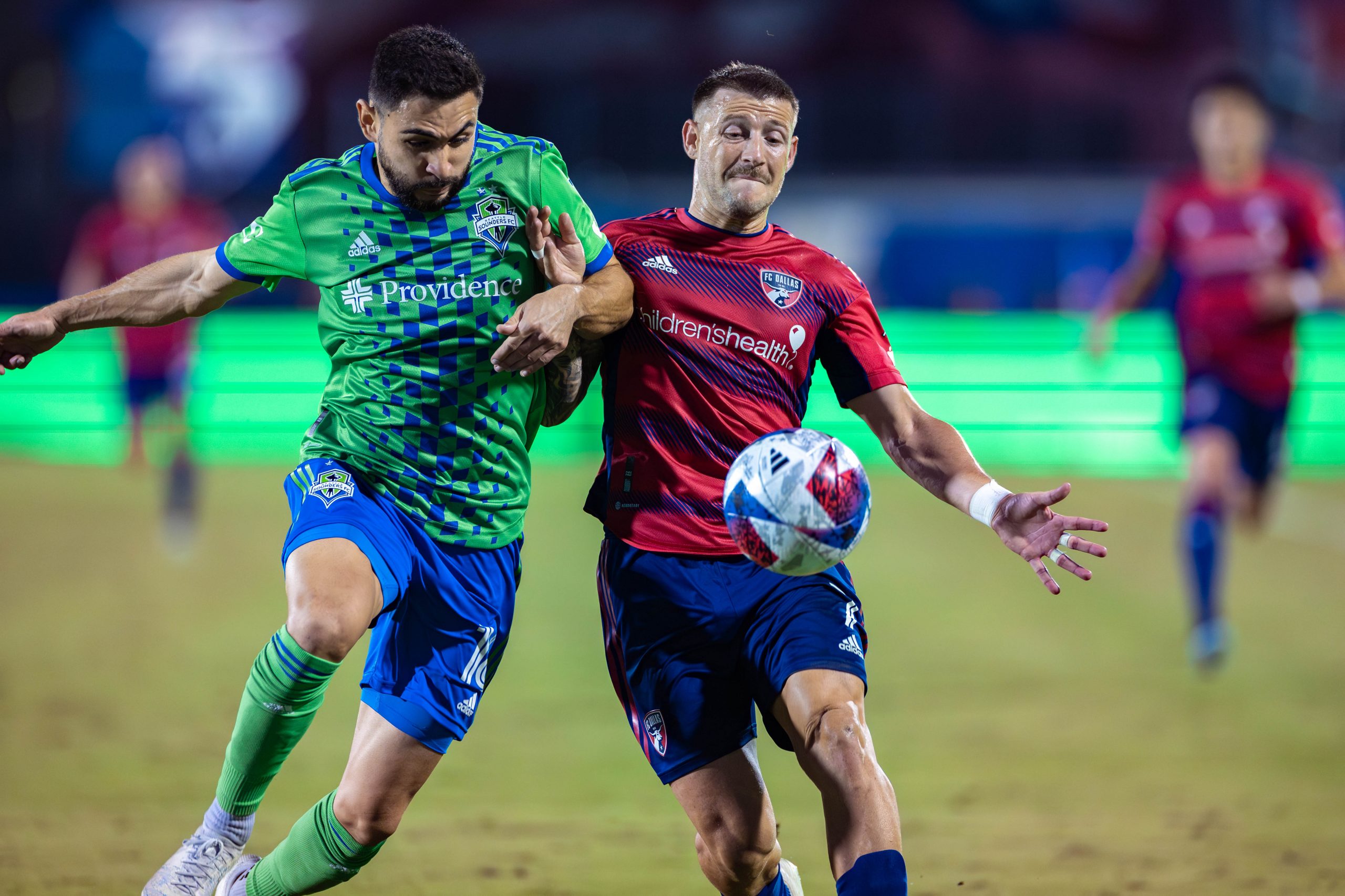 Paul Arriola fights for the ball against Seattle Sounders during the 2023 MLS Cup Playoffs First Round, Game Two, at Toyota Stadium, November 4, 2023. (Matt Visinsky, 3rd Degree)