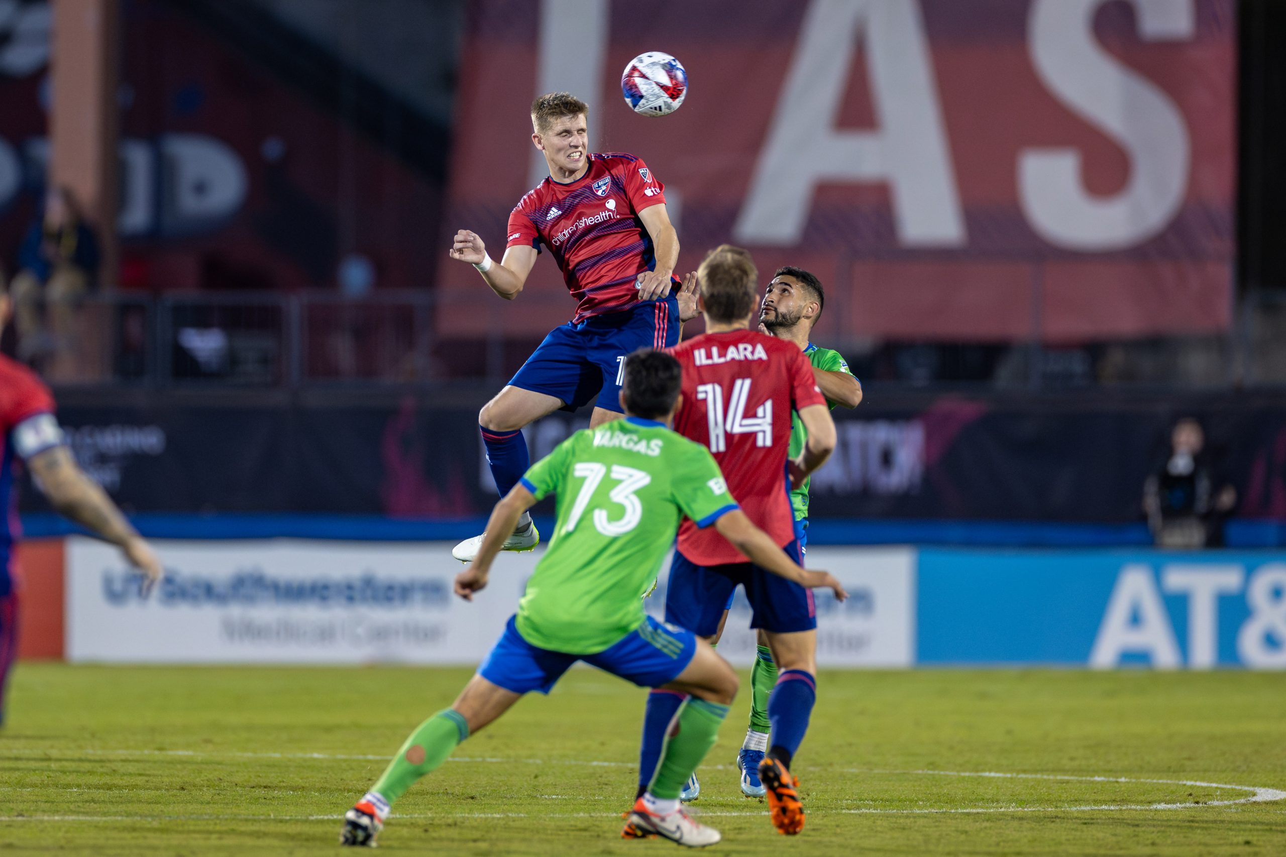 Liam Fraser outjumps everyone against Seattle Sounders during the 2023 MLS Cup Playoffs First Round, Game Two, at Toyota Stadium, November 4, 2023. (Matt Visinsky, 3rd Degree)