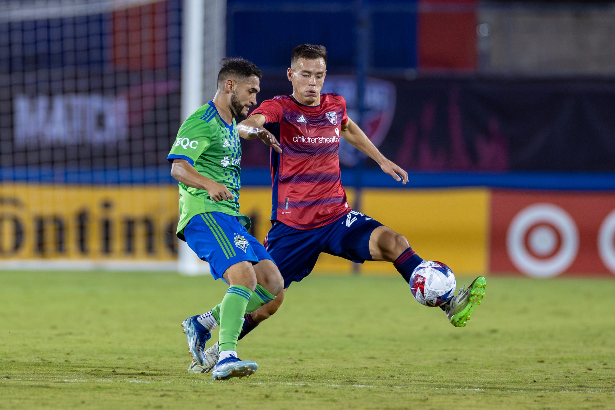 Sam Junqua defends against Seattle Sounders during the 2023 MLS Cup Playoffs First Round, Game Two, at Toyota Stadium, November 4, 2023. (Matt Visinsky, 3rd Degree)