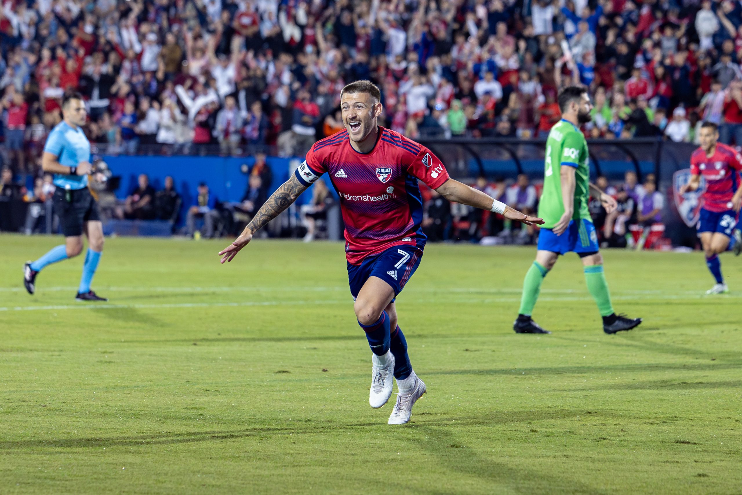 Paul Arriola celebrates scoring against Seattle Sounders during the 2023 MLS Cup Playoffs First Round, Game Two, at Toyota Stadium, November 4, 2023. (Matt Visinsky, 3rd Degree)