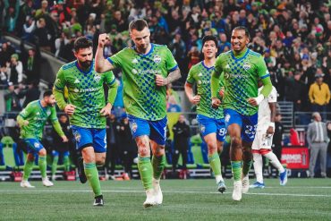 Albert Rusnák celebrates his PK goal against FC Dallas in the 2023 MLS Cup Playoffs, Oct 30, 2023. (Courtesy Seattle Sounders)