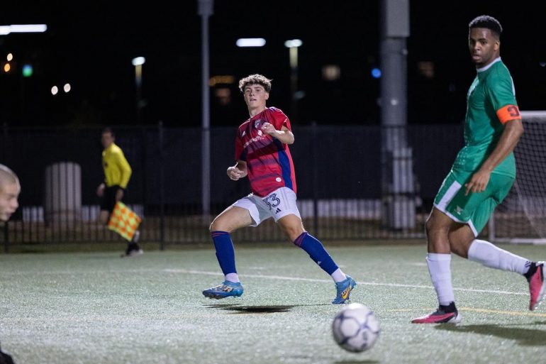 Daniel Baran fires for the back post against Sporting NTX in UPSL play, Oct 23, 2023. (Courtesy Flores Photography & UPSL)