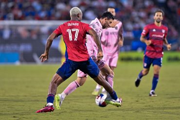 Nkosi Tafari pokes the ball loose in the League Cup match against Inter Miami FC at Toyota Stadium on Sunday, August 6, 2023.
