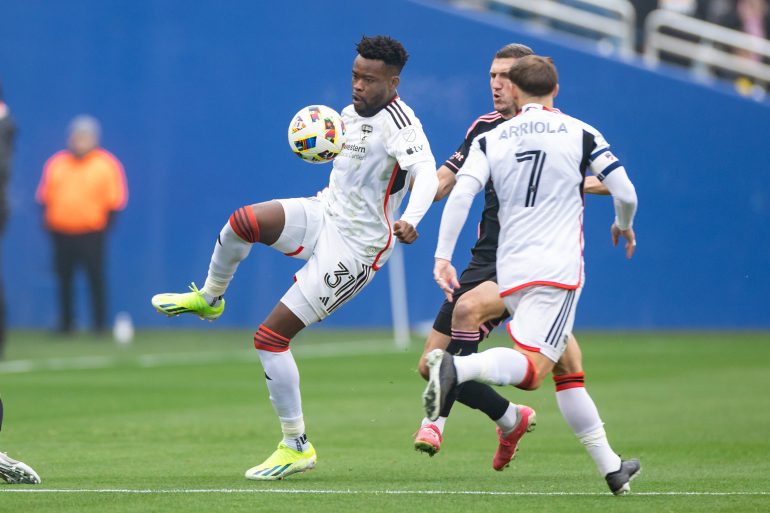 Eugene Ansah holds off an Inter Miami defender at the Cotton Bowl, January 22, 2024. (Matt Visinsky, 3rd Degree)