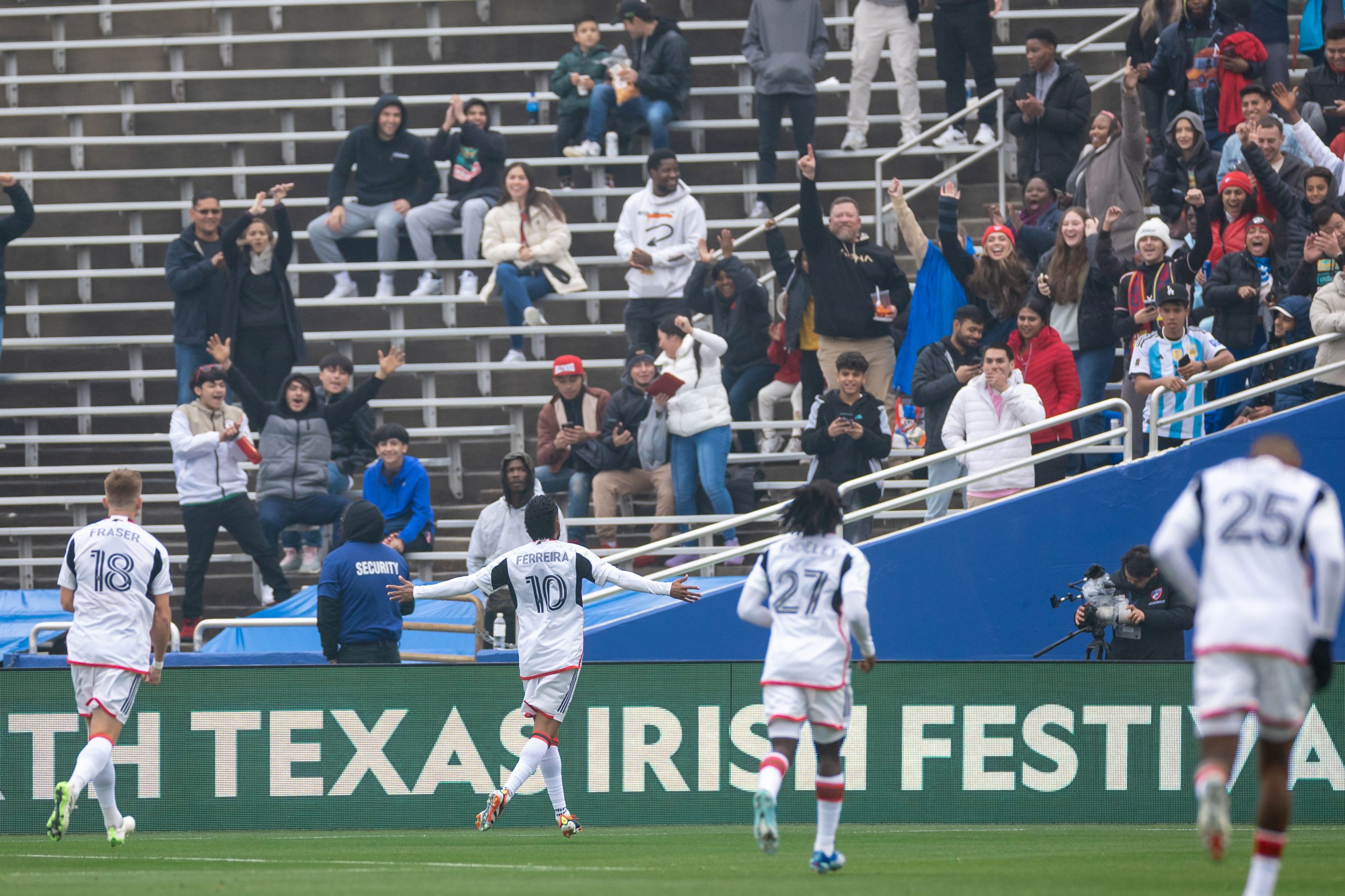 Jesus Ferreira celebrates with the fans his game-winning goal against Inter Miami at the Cotton Bowl, January 22, 2024. (Matt Visinsky, 3rd Degree)