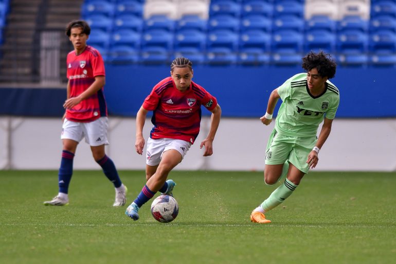 FC Dallas U15 midfielder Jordyn Eason (7) dribbles across the centerline in the MLS Next match against Austin FC at Toyota Stadium on Sunday, February 4, 2024. (Daniel McCullough / 3rd Degree)