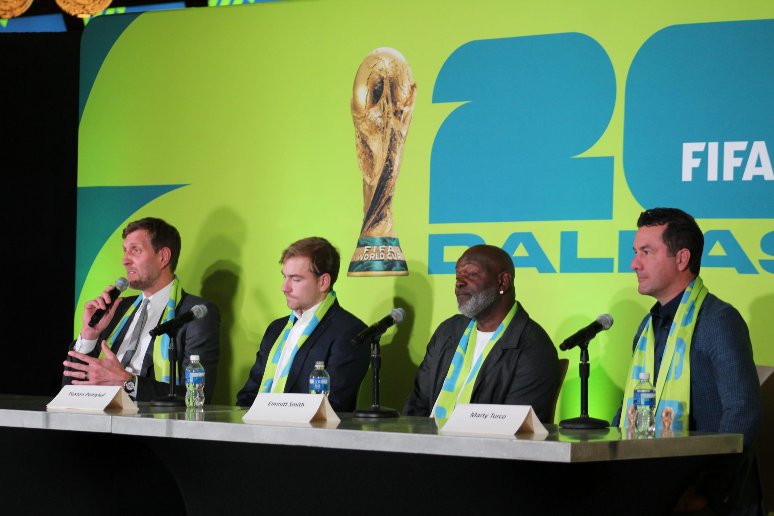Dirk Nowitzki talks about the Dallas World Cup bid alongside Paxton Pomykal, Emmitt Smith, and Marty Turco at AT&T Stadium on February 4, 2024 (Dan Crooke)
