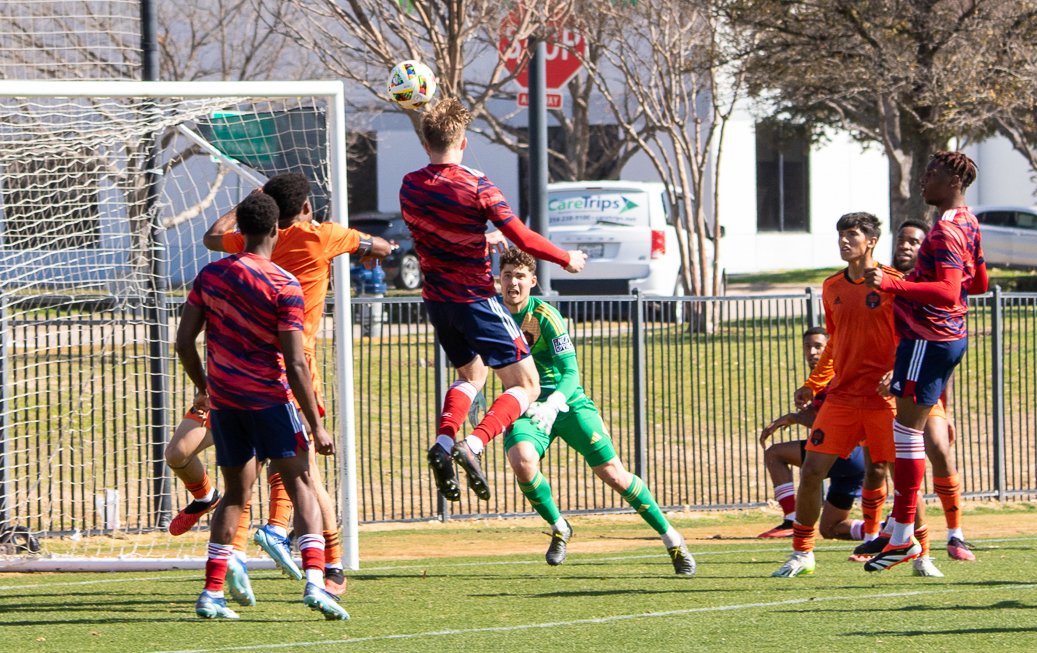 Mads Westergren rises for a header against Houston Dynamo 2, February 21, 2024. (Brooke Humphrey, 3rd Degree)