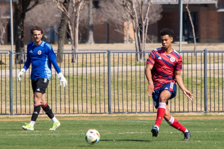Turner Humphrey builds out of the back against Houston Dynamo 2, February 21, 2024. (Brooke Humphrey, 3rd Degree)