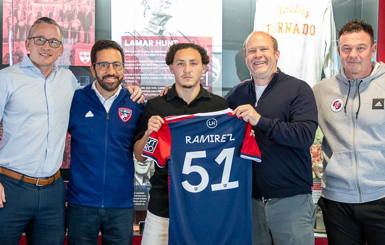 Anthony Ramirez signs his first pro contract with North Texas SC, February 27, 2024. (Courtesy North Texas SC)